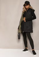 Kamizelki damskie - Czarna Długa Kamizelka Pikowana Dwustronna ze Sznurkami przy Kapturze Frenila - miniaturka - grafika 1