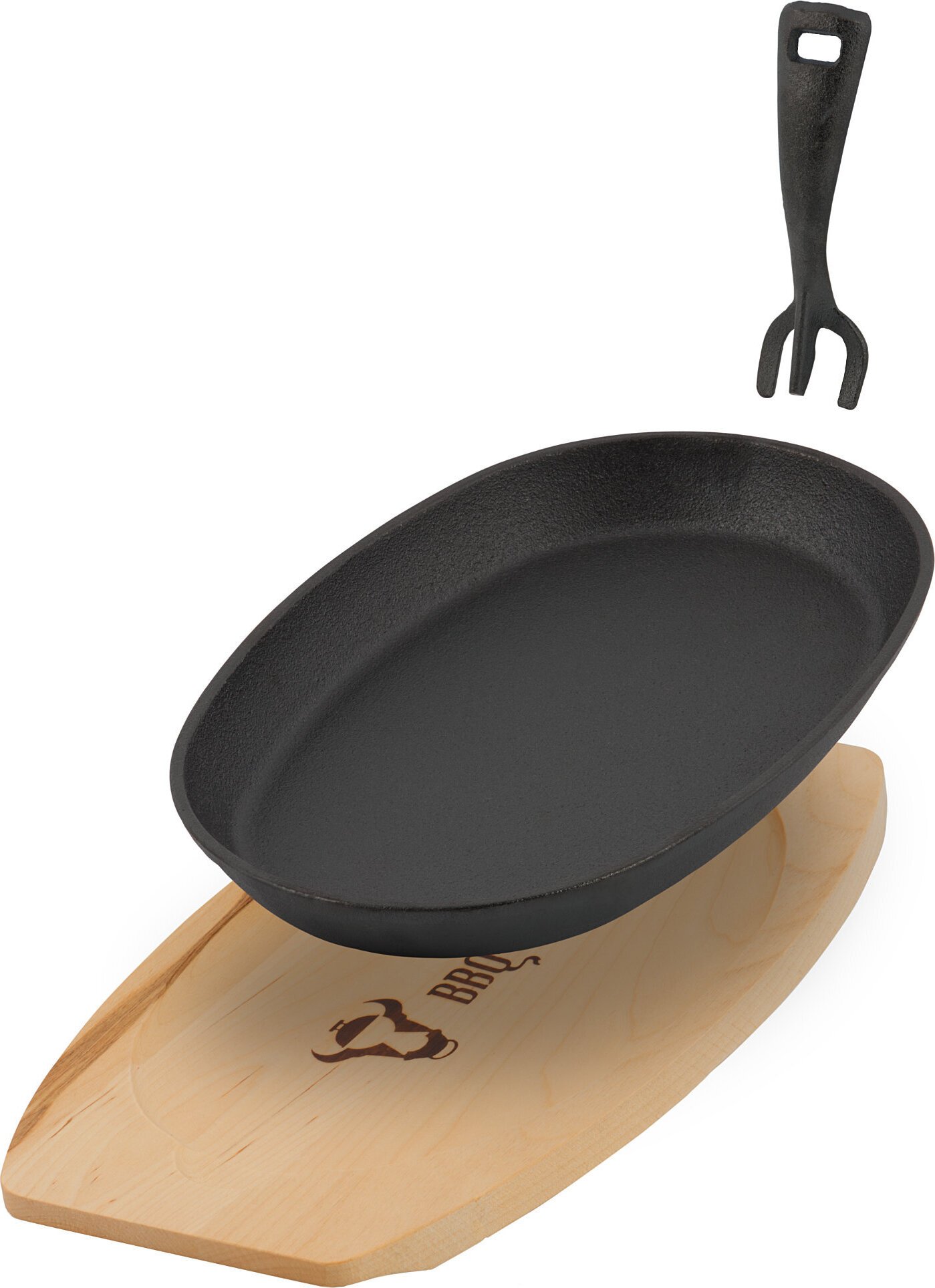 Żeliwna patelnia do serwowania BBQ-Toro z drewnianą deską, 27 x 18 cm - owalna, czarna, już upieczona