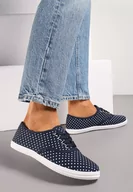 Trampki damskie - Granatowe Sznurowane Tenisówki na Płaskiej Podeszwie z Materiału w Kropki Harnisa - miniaturka - grafika 1