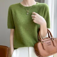 Swetry damskie - TEMU Koszulka Damska Lekka i Oddychająca z Krótkim Rękawem – Elegancka Bluzka z Okrągłym Dekoltem, Jednokolorowa, Średnio Elastyczna, Pranie w Praniu - miniaturka - grafika 1