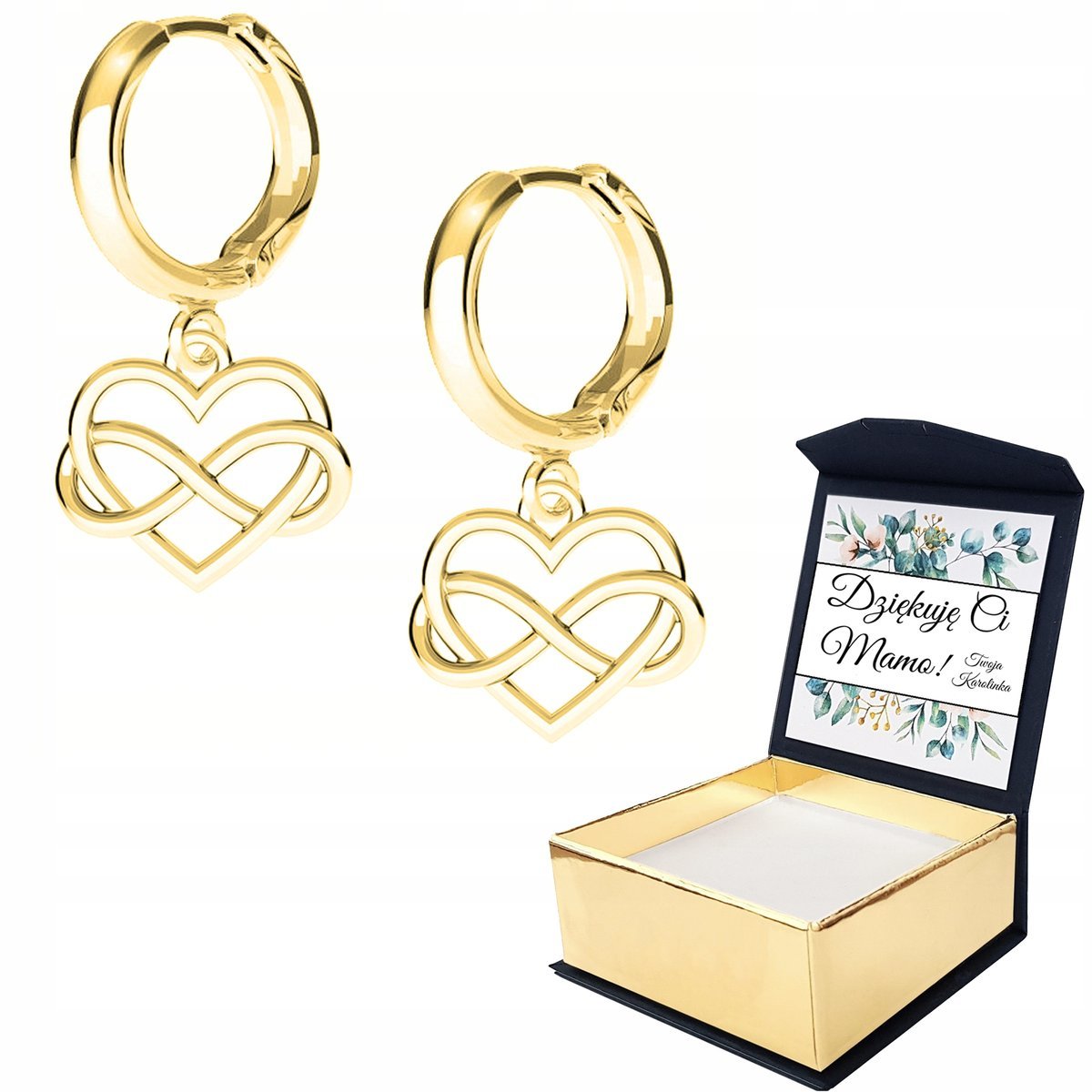 Kolczyki złote Serce Nieskończoność WŁASNY NADRUK