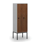 Szafy biurowe - Drewniana szafa ubraniowa z podstawą, 2 przegródki, zamek kodowy, szary/orzech - miniaturka - grafika 1