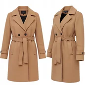 Płaszcze damskie - PRĄŻKOWANY PŁASZCZ Z PASKIEM PRZEJŚCIOWY WIOSENNY DAMSKI M CAMEL - miniaturka - grafika 1