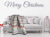 Koce - Koc bawełniany akrylowy 150x200 18100 A świąteczny Merry Christmas choinki domki śnieżki szary kremowy czerwony - miniaturka - grafika 1