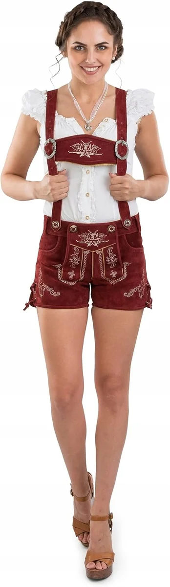 Spodnie skórzane hotpants damskie czerwone z szelkami Oktoberfest