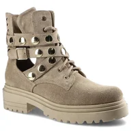 Botki damskie - Beżowe Botki Carinii Modne Damskie Botki Ze Skóry - miniaturka - grafika 1