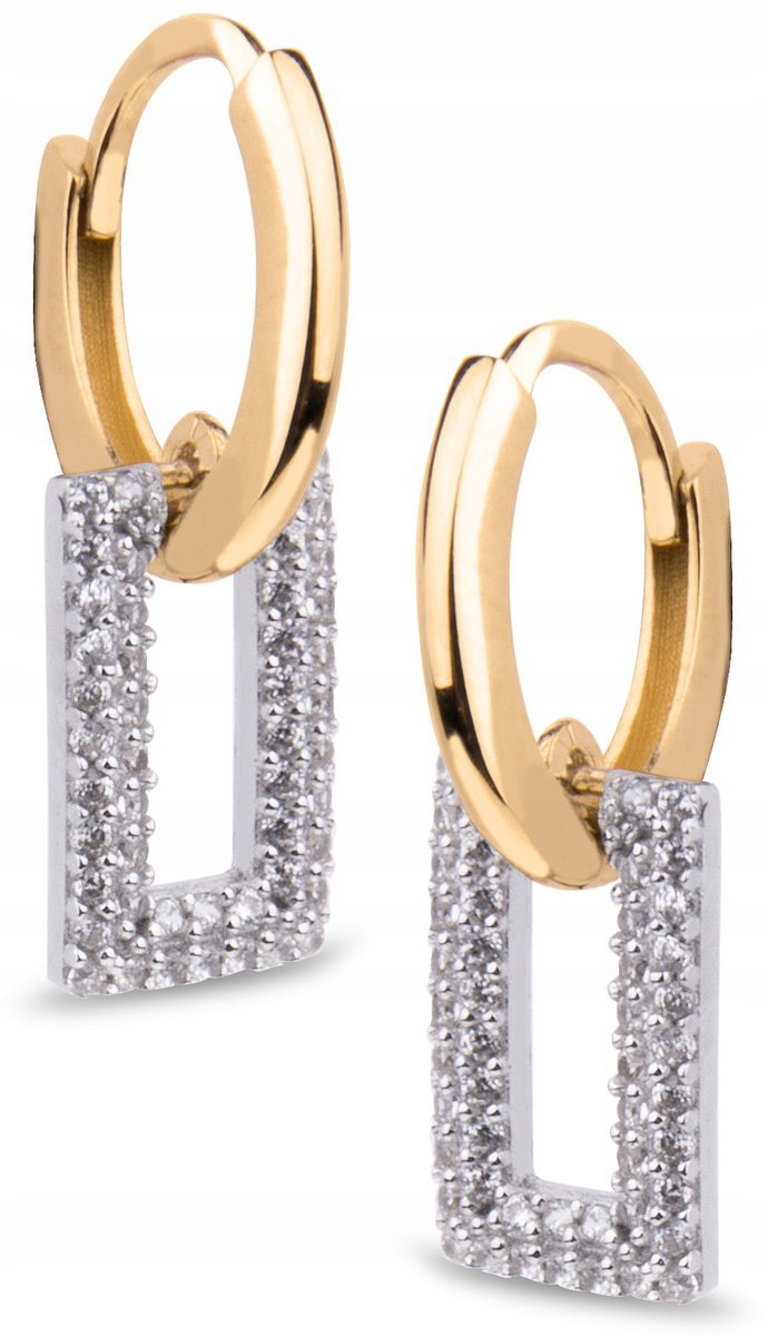 PIĘKNE ZŁOTE KOLCZYKI OWALNE Z PROSTOKĄTAMI I BIAŁYMI CYRKONIAMI 14KT 585