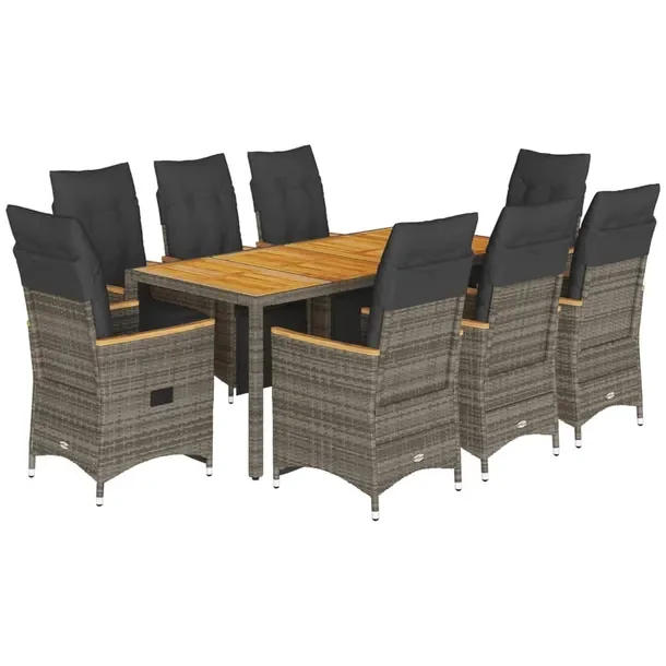 Zestaw bistro ogrodowy rattan PE, szary - 8 krzeseł + stół + poduszki