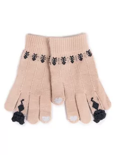 Rękawiczki Dziewczęce Pięciopalczaste Beżowe Z Kotkiem Dotykowe 16 Cm Yoclub - Rękawiczki dla dzieci - miniaturka - grafika 1