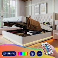 Łóżka - Łóżko tapicerowane Flieks 140x200cm z USB i Type-C, podwójne łóżko młodzieżowe z LED, hydrauliczne łóżko sprężynowe ze stelażem listwowym, bawełna, beżowy - miniaturka - grafika 1