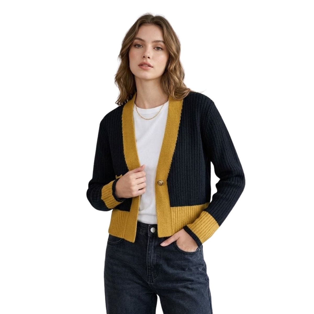 Sweter damski Rodier czarny rozpinany z kieszonką krótki luźny-M