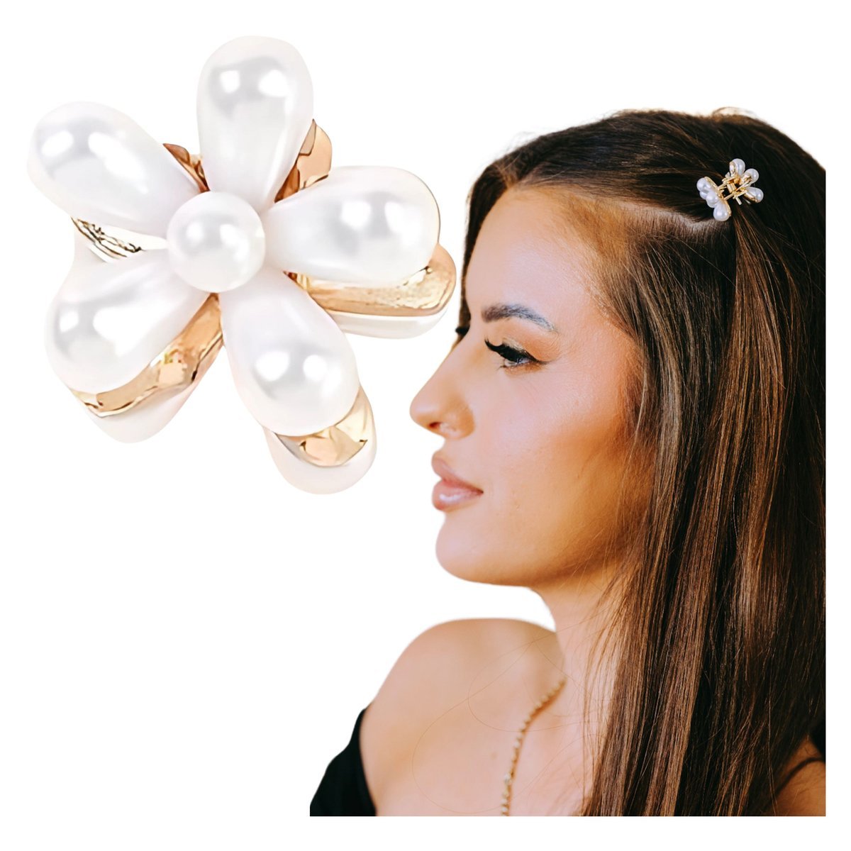 Spinka do Włosów Biała Kwiatek z Perłami Błyszcząca Lekka i Wytrzymała
