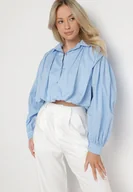 Koszule damskie - Jasnoniebieska Bawełniana Koszula o Krótkim Kroju z Kokardą Nuriella - miniaturka - grafika 1