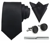 Krawaty i muchy męskie - Zestaw męski w pudełku - krawat + poszetka + spinki do mankietów + spinka do krawata CZARNY - miniaturka - grafika 1
