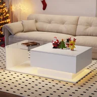 Ławy i stoliki kawowe - Stolik kawowy Merax ze szklanym blatem i szufladą, stolik boczny o wysokim połysku z LED z APP, stolik do salonu 100x50x32cm, biały - miniaturka - grafika 1