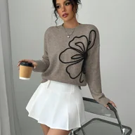 Swetry damskie - TEMU Nowy Damski Sweter Jednoczęściowy, Modny Sweter na Jesień/Zimę, Elegancki Luźny Fason z Okrągłym Dekoltem Haftem, Piękna Bluzka z Długim Rękawem - miniaturka - grafika 1