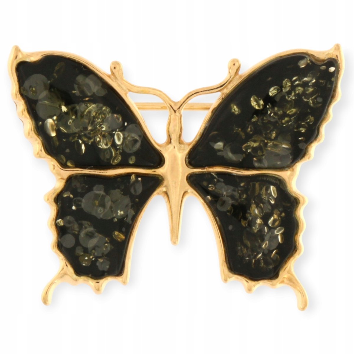 Broszka srebrna pozłacana motyw motyl, Broszka Bursztynowa - zielona