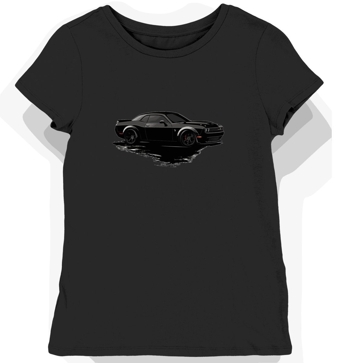Koszulka damska czarna z motywem eleganckiego Dodge Challenger SRT S