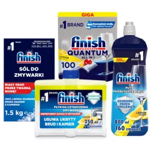 Finish Zestaw do zmywarek: kapsułki do mycia naczyń, nabłyszczacz, sól, płyn do czyszczenia 100 kaps. + 800 ml + 1.5 kg + 250 ml - Środki do zmywarek - miniaturka - grafika 1
