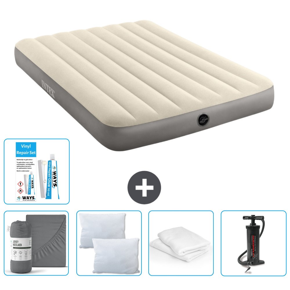 Łóżko powietrzne Intex - Łóżko podwójne - 137 x 191 x 25 cm - Beżowy - W zestawie Prześcieradło - Pocałunek - Pompka - Zestaw naprawczy en Ochraniacz na poduszkę
