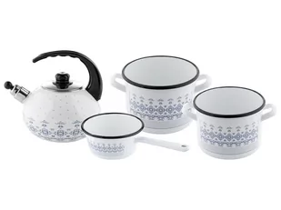 Zestaw garnków emaliowanych i czajnika emaliowanego na indukcję Emalia Polska Pleszew Majolica + łyżka szwedzka Florina - Zestawy garnków i patelni - miniaturka - grafika 1