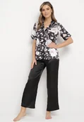 Piżamy damskie - Czarny Komplet Piżamowy Satynowy z Koszulą na Krótki Rękaw i Spodniami Eveterea - miniaturka - grafika 1