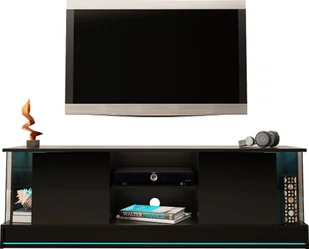 MEGSTYL SZAFKA RTV 155CM Z LISTWĄ LED - EFECTO 6 Czarny mat - Czarny połysk - Szafki RTV - miniaturka - grafika 1