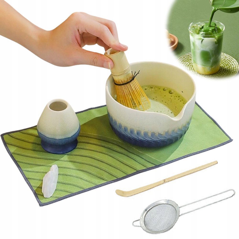 ZESTAW DO MATCHA 7 ELEMENTÓW Z MISKĄ CERAMICZNĄ I AKCESORIAMI BAMBUSOWYMI