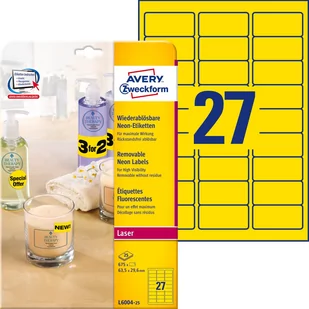 Avery Zweckform Etykiety neonowe Zweckform żółte 63,5 x 29,6mm 25 ark./op. L6004-25 - Etykiety samoprzylepne i bloki etykiet - miniaturka - grafika 4
