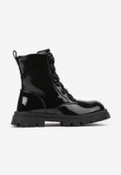Botki damskie - Czarne Płaskie Lakierowane Botki w Stylu Workerów Meristha - miniaturka - grafika 1