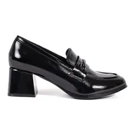 Mokasyny damskie - Goodin Czarne półbuty loafersy damskie na obcasie - miniaturka - grafika 1