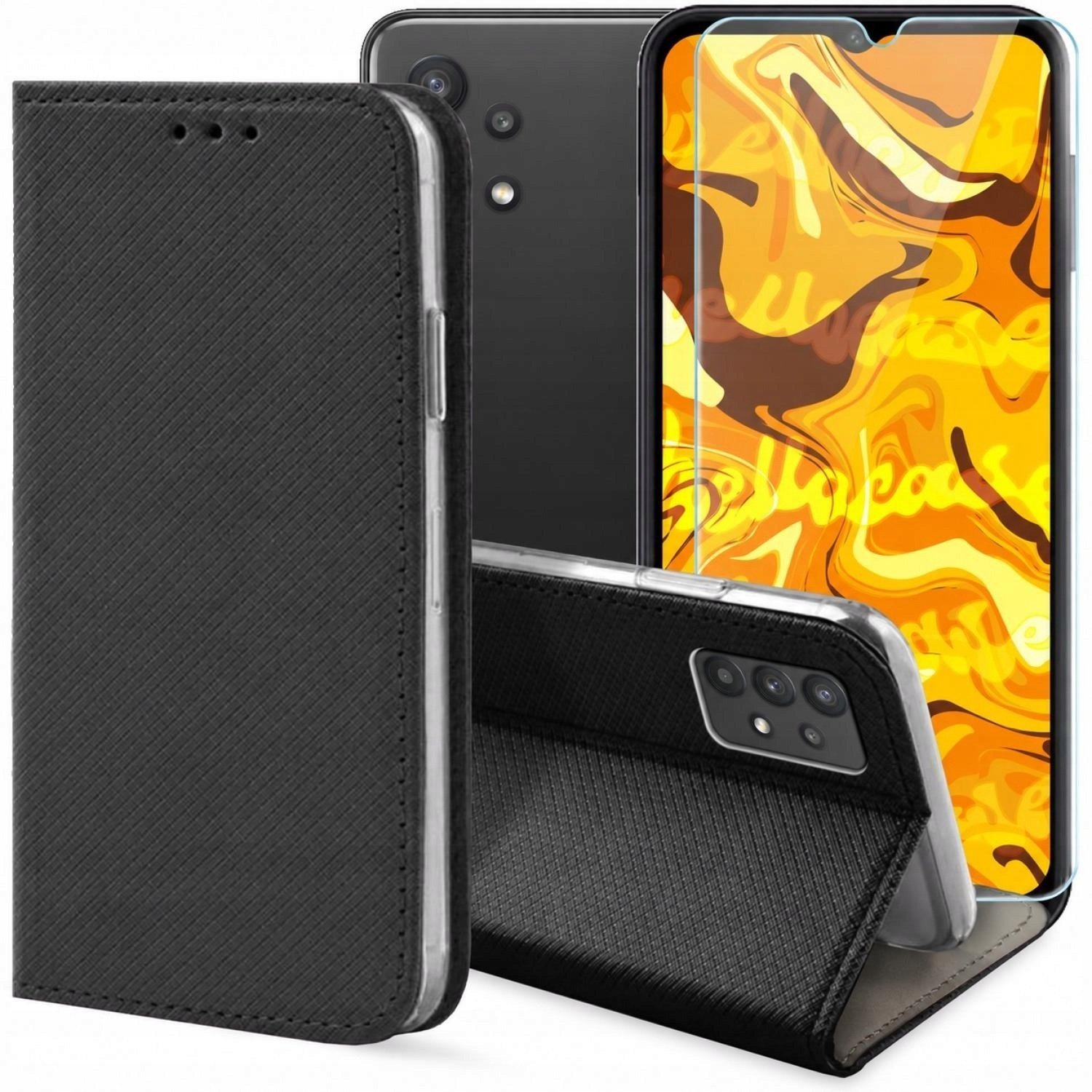 Hello Case Etui z Klapką Do Samsung Galaxy A32 4G Czarne, Zamykane, Kabura Szkło BNDL0523