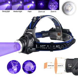 Latarka czołowa Ultrafiolet Zielony / Czerwony / uv 395nm Wodoodporna Zoomable Akumulatorowa latarka czołowa USB 3 tryby światła do polowania 2000l... - Latarki - miniaturka - grafika 1