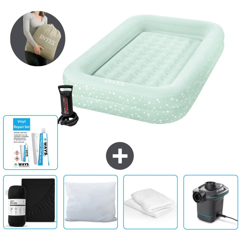 Materac dmuchany Intex Kidz - 1 osoba - 107 x 168 x 25 cm - Miętowa zieleń - W zestawie pompka - prześcieradło - pompka - zestaw naprawczy en ochraniacz na poduszkę