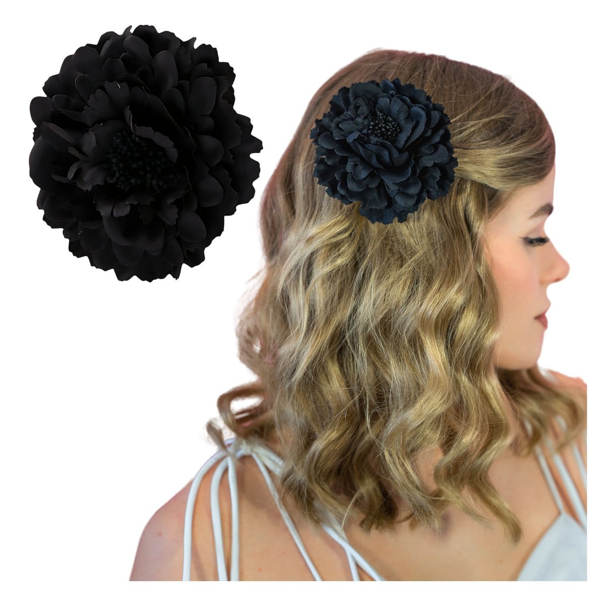 Spinka do Włosów Czarna Duża Kwiat Piwonia Wsuwka Lekka i Efektowna