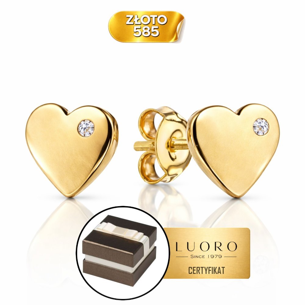 KOLCZYKI ZŁOTE 585 14K SERCA Z CYRKONIĄ 6 MM SZTYFT ELEGANCKIE