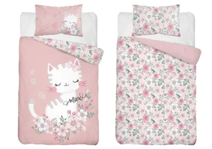 Pościel dziecięca dwustronna Kot w Kwiatach pudrowa – 90x120 cm – MAYAMOO - Pościel dla dzieci - miniaturka - grafika 1
