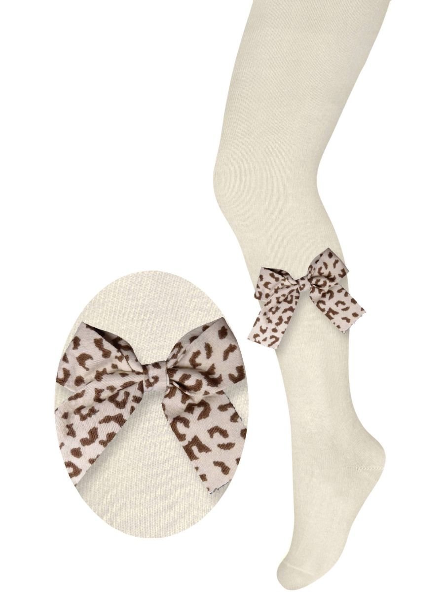 Rajstopy dziecięce bawełniane ecru kokardką w panterkę Milusie r.104/110