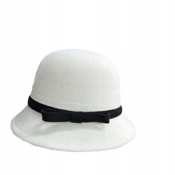 biały KAPELUSZ damski typu BUCKET elegancki CYLINDER do płaszcza szykowny