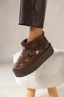 Botki damskie - Brązowe śniegowce mukluki damskie na żłobionej platformie cholewka ze złotymi i srebrnymi ozdobami Casu 3483 - miniaturka - grafika 1