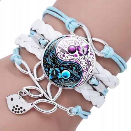 Bransoletka Yin Yang z Ptaszkiem Biało Błękitna Pleciona Regulowana