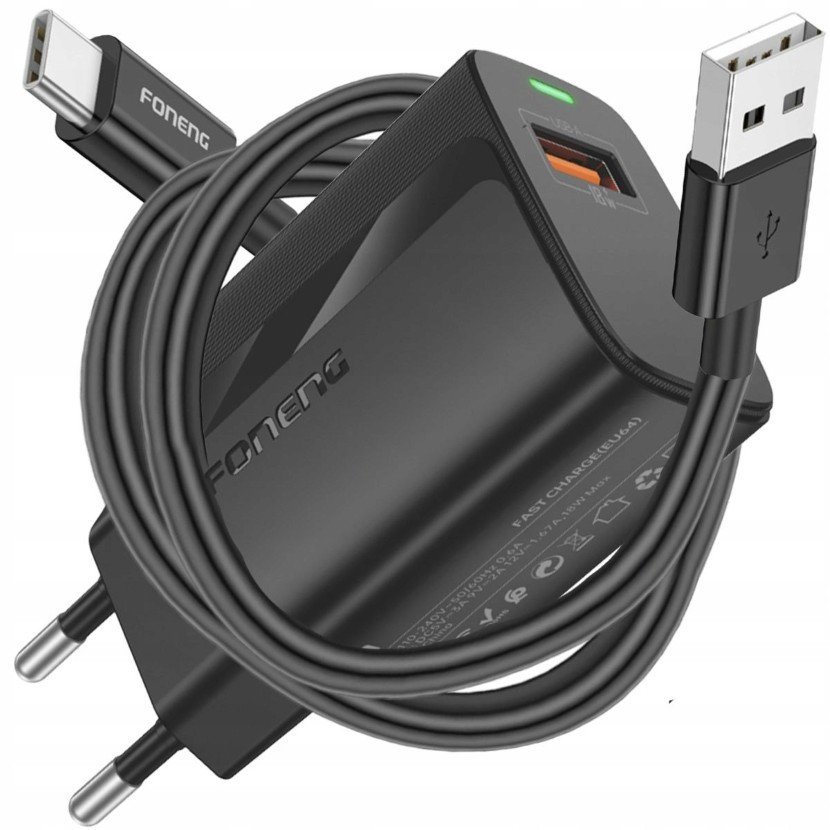 FONENG SZYBKA ŁADOWARKA USB 3.0A + KABEL USB/TYPE-C 1-METR [czarna] 18W