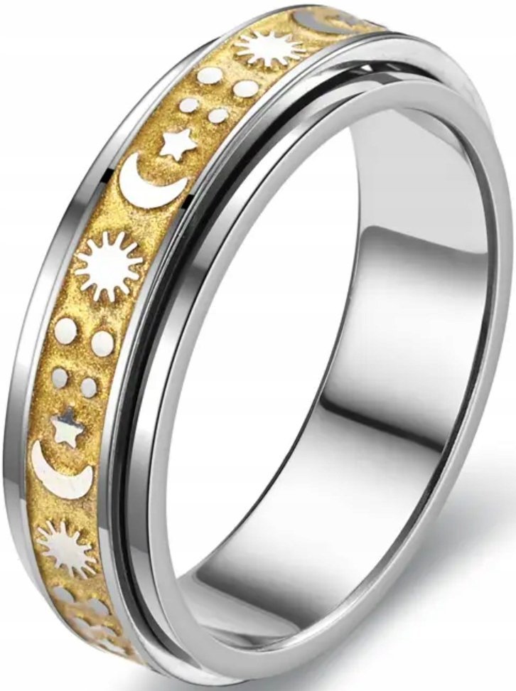Złoty Pierścień Księżyc Słońce Gwiazdy Obrotowy Anxiety Stal Szlachetna