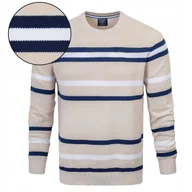 Swetry męskie - Elegancki SWETER Męski BEŻOWY w PASKI Klasyczny Bawełniany L Pako Jeans - miniaturka - grafika 1