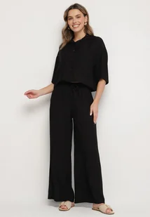 Czarny Wiskozowy Komplet Oversize Koszula z Krótkim Rękawem i Spodnie Dovilissea - Komplety damskie - miniaturka - grafika 1