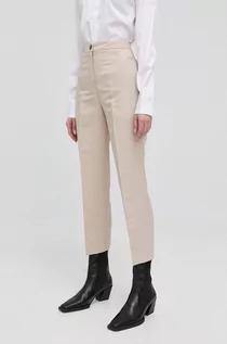 Spodnie damskie - Trussardi spodnie lniane damskie kolor beżowy fason cygaretki high waist - grafika 1