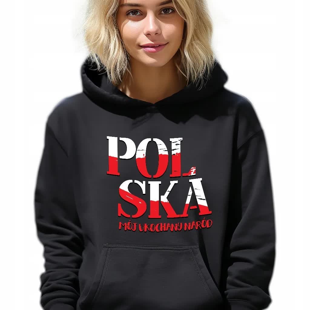 Bluza Damska Czarna z Kapturem POLSKA UKOCHANY NARÓD Patriotyzm Wzory L