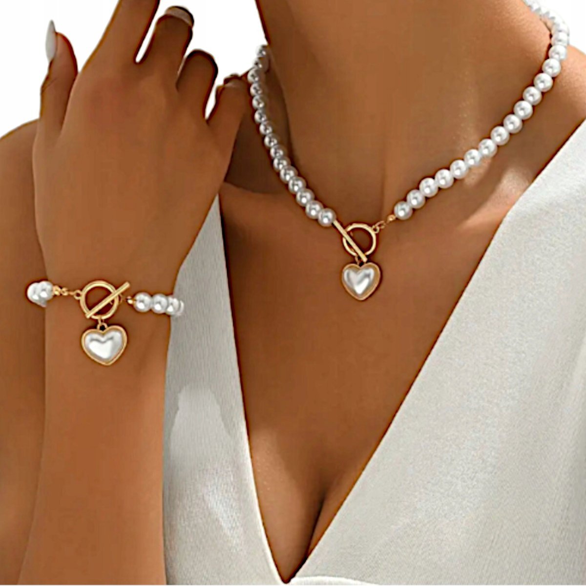 Zestaw Naszyjnik Bransoletka Perły Kolor Złoty Biały Klasyczny Serce Choker