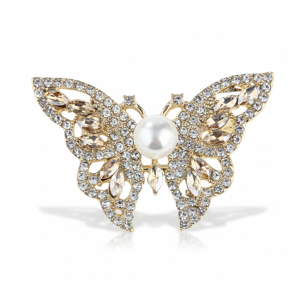 Broszka motyl z perłą i kryształkami złota 5×4 cm