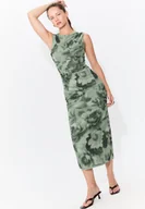 Sukienki - Stradivarius Wzorzysta sukienka midi z tiulu Khaki XS - miniaturka - grafika 1